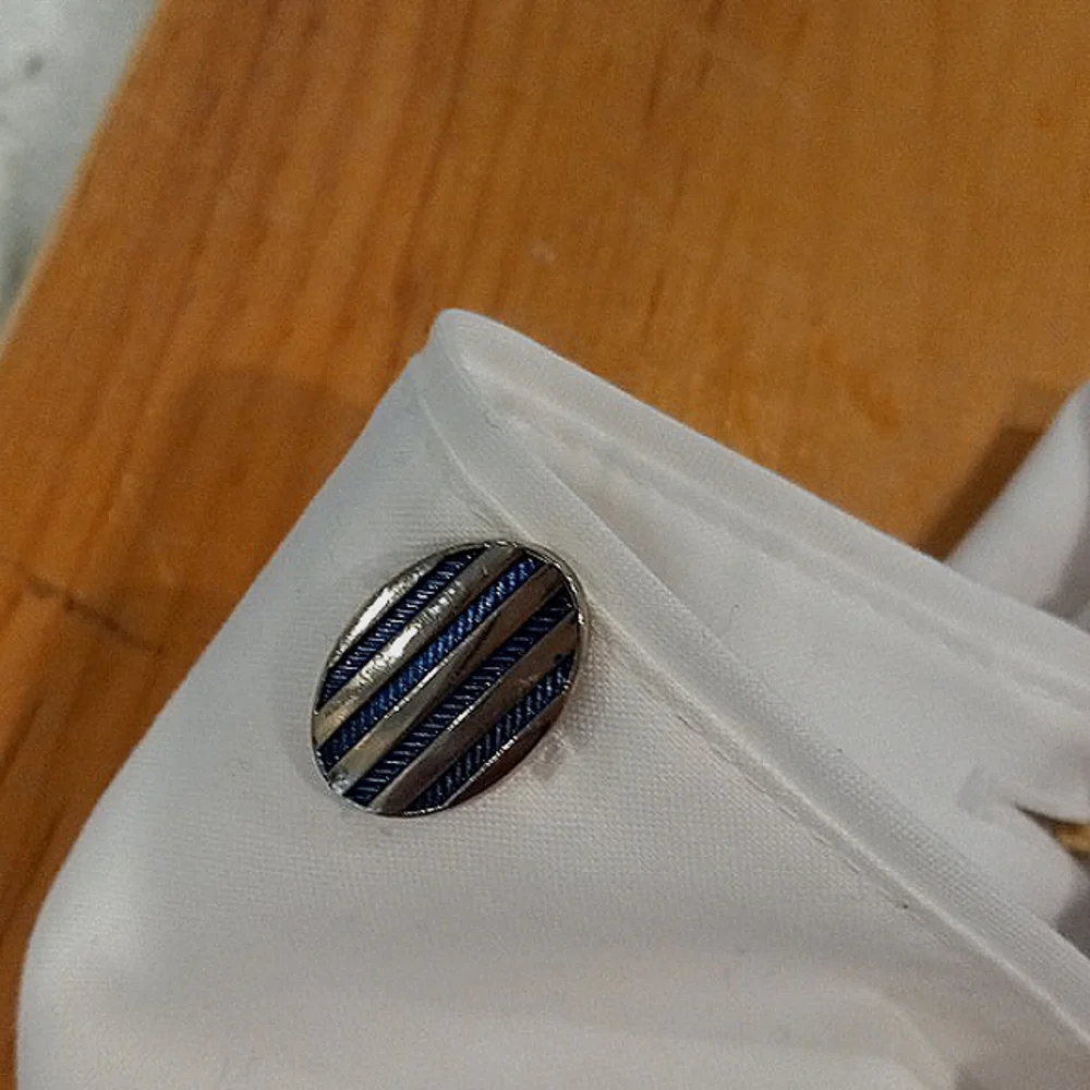 Personalized Silver cufflinks for Tuxedo Shirt set of 3 blue stripe, black, knot